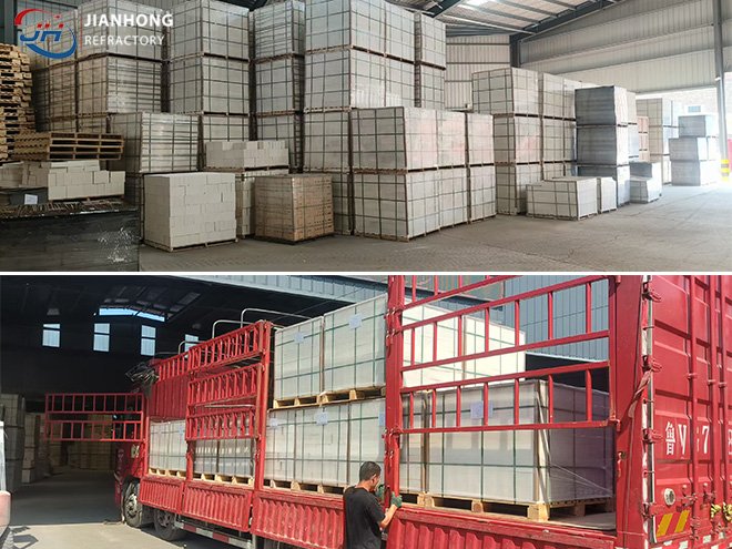 Large Warehouse Inventory of Mullite Insulation Bricks (ASTM JM23/JM26) & Truck Loading for Rapid Export